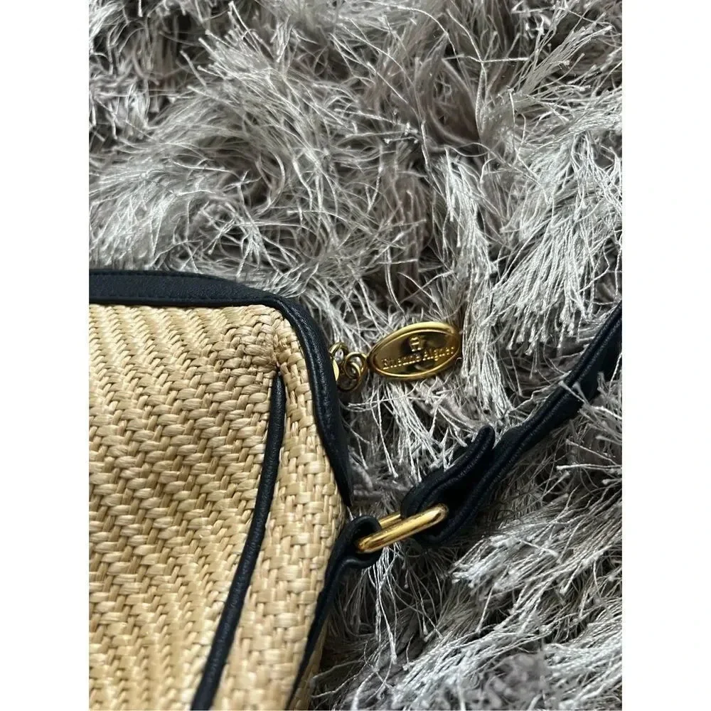Eitenne Aiger Straw Crossbody Bag With Navy Blue Leather Straps Gold Hardware